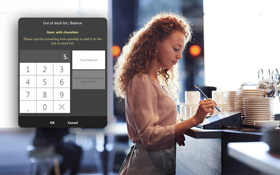 Restaurant staff managing out-of-stock items and stock balance updates on POS system