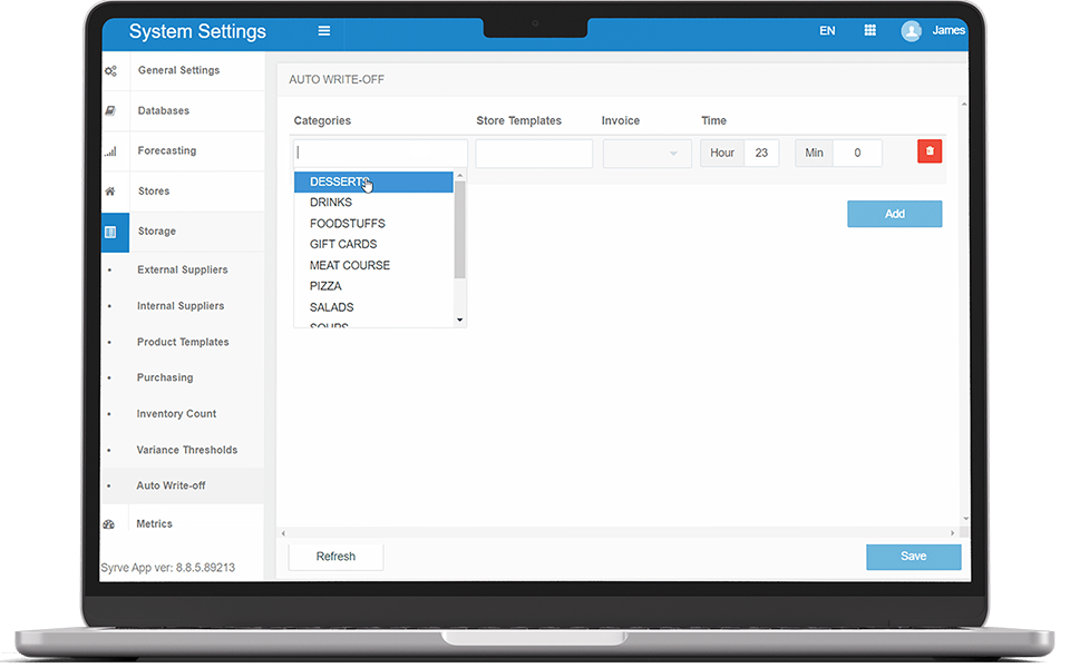 Restaurant system automatically updating stock levels and inventory data in real time