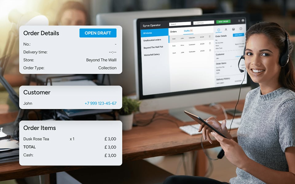 Call centre agent using a restaurant management system to handle orders, customers and delivery details