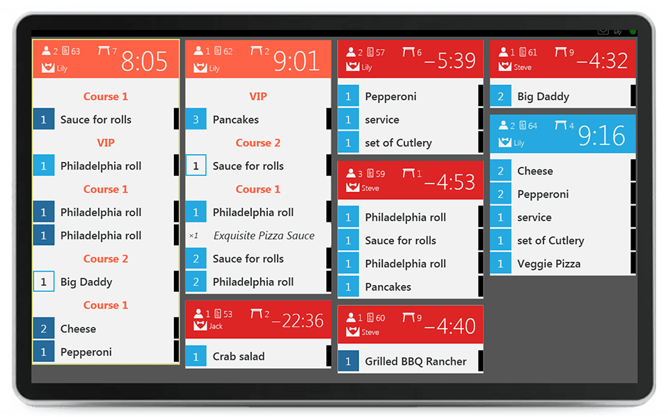Digital kitchen display system (KDS) used to manage orders and food preparation in real time
