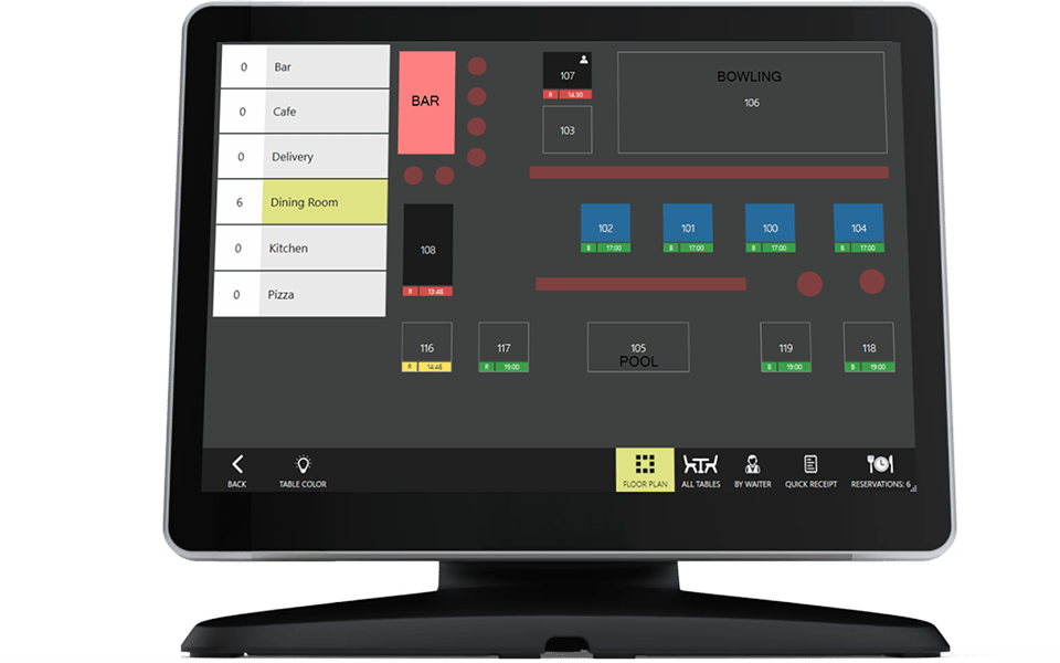 Floor plan system with table layout and real-time status overview