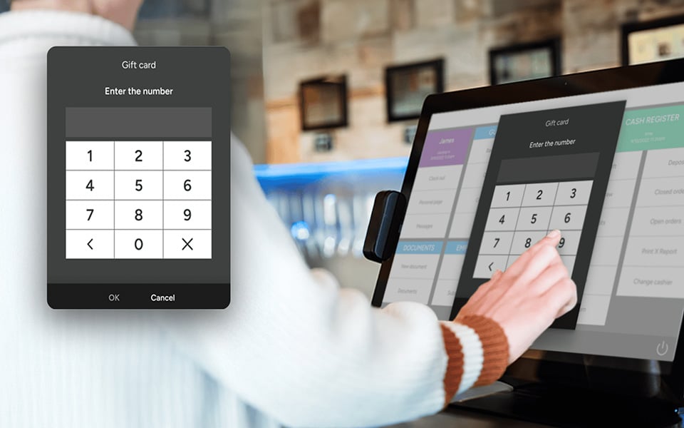 Restaurant staff using gift cards and loyalty bonus programmes on POS system