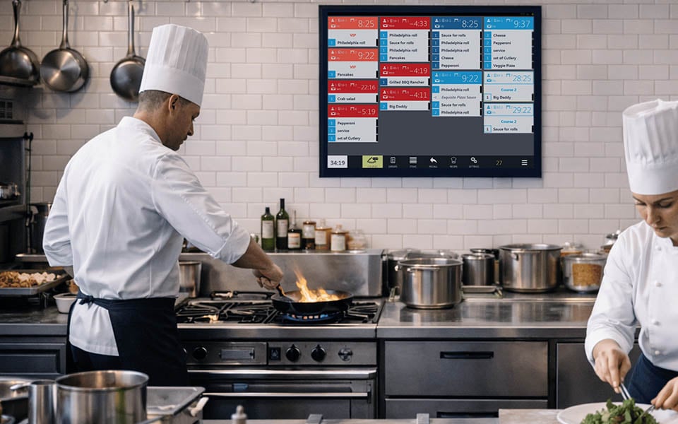 Chefs using kitchen display system (KDS) to manage orders and food preparation in real time