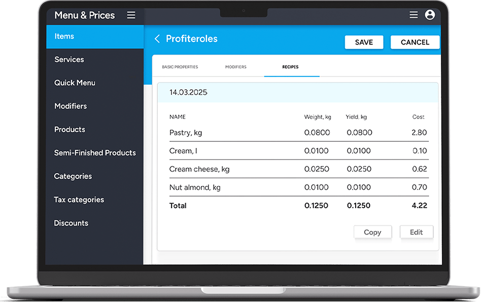 Managing menu items, recipes and pricing in menu management system on laptop