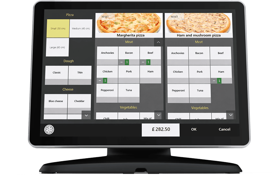 Pizza Builder for customising orders with toppings, modifiers and half-and-half options