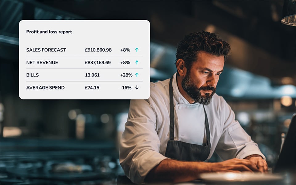 Restaurant owner reviewing profit and loss report and restaurant financial performance on laptop