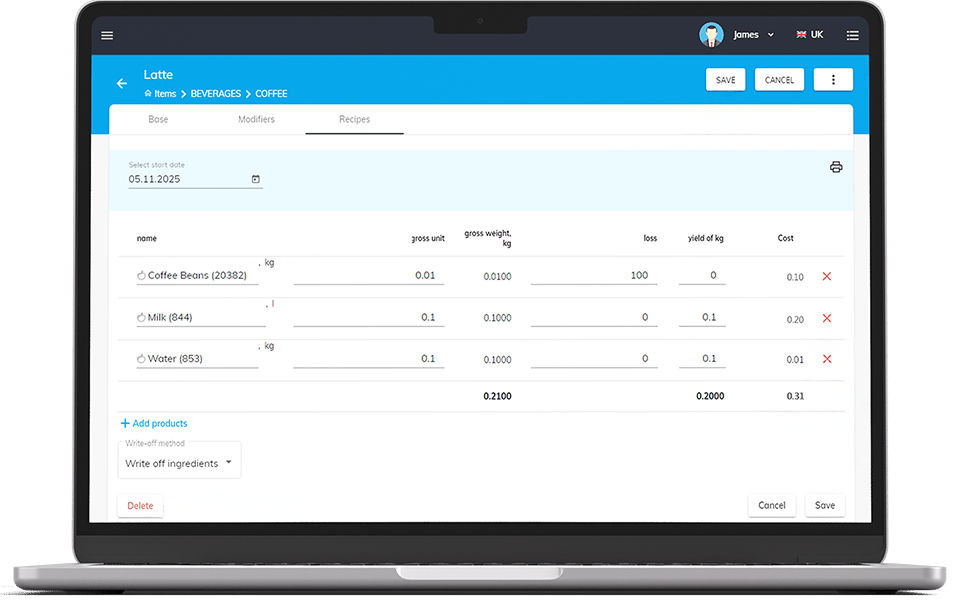 Managing recipes and ingredient costs in centralised menu management system