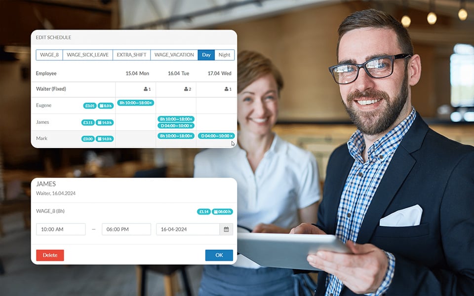 Staff scheduling and shift management in restaurant workforce management system